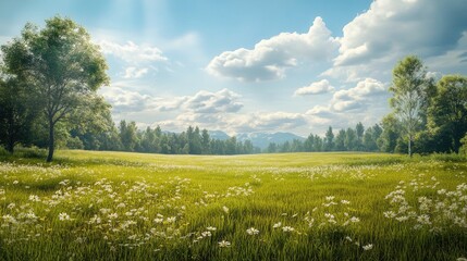 Fototapeta premium A tranquil grassy field with wildflowers and trees, a beautiful landscape scene of untouched nature.