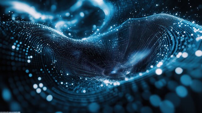 Visualization of quantum computing algorithms, quantum data flow, abstract geometric patterns, cybernetic matrix, high-tech quantum network, deep blue and black colors