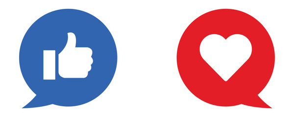 Speech bubble with like and love icon in flat style. Social media reaction sign symbol. Vector illustration
