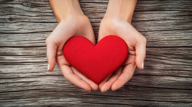 Woman's hands hold red heart on wooden background