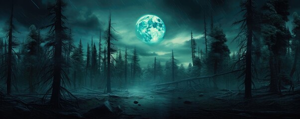 Calm swampy river among old creepy trees in dark forest at night with full moon. Scary Halloween concept. Dark and mysterious background for banner, poster, wallpaper