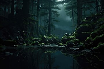 Obraz premium Calm swampy river among old creepy trees in dark forest at night with full moon. Scary Halloween concept. Dark and mysterious background for banner, poster, wallpaper