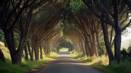Obraz premium Sunlit Tree-Lined Roadway