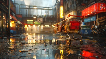 An empty shopping cart on a reflective surface under neon lights, creating a futuristic vibe suitable for depicting retail events like Black Friday.