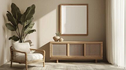 Minimalist living room interior design with a wooden cabinet and armchair.