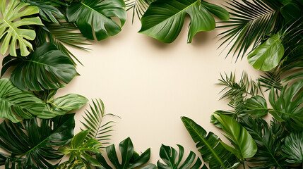Fototapeta premium Green Tropical Leaves Frame on Beige Background.