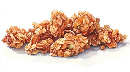 Obraz premium Granola cluster, honey drizzle, rustic background, wholesome snack, watercolor, natural hues
