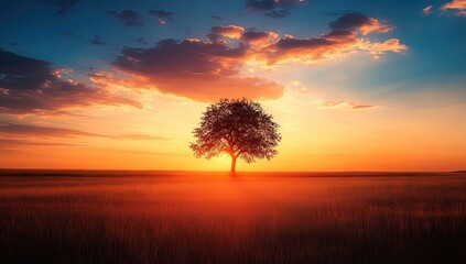Obraz premium Silhouetted tree in field with sunset sky.