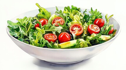 Fresh salad bowl, vibrant greens, cherry tomatoes, summer day, watercolor, lively colors