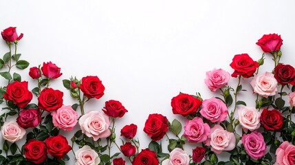 Red and pink roses in an abstract arrangement on a white background