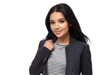 Girl in fashionable clothes on a white isolated background. Generative AI.