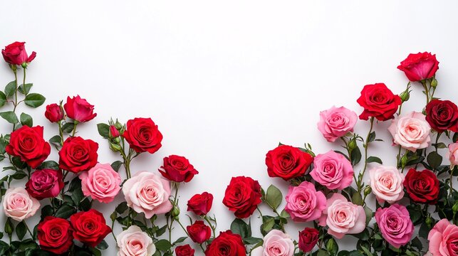 Red and pink roses in an abstract arrangement on a white background - Powered by Adobe
