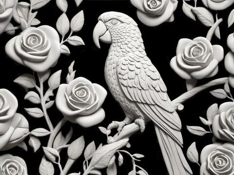 parrot illustration of a parrot	,3d art wallpaper abstract of white floral parrot decor, colorful parrot and white background.