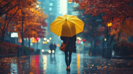 the girl with the yellow umbrella walks around the autumn city. Generation of Ai