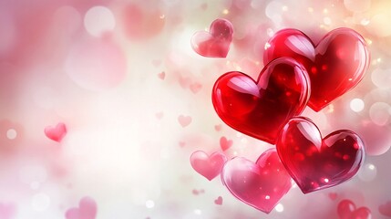 Abstract red and pink hearts with a soft glow on a light background