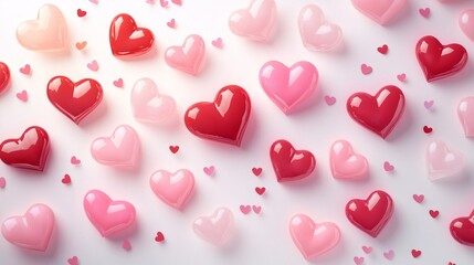 Romantic pattern of red and pink hearts with a soft glow on a white background