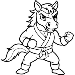 Angry Karate horse White Background line art vector illustration