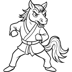 Angry Karate horse White Background line art vector illustration