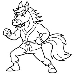 Angry Karate horse White Background line art vector illustration