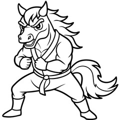 Angry Karate horse White Background line art vector illustration