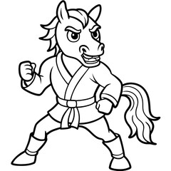 Angry Karate horse White Background line art vector illustration