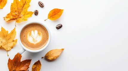A cup of coffee, autumn leaves on a white background. Top view, space. Generation Ai