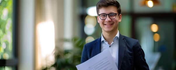Young businessman, glasses on, office setting, holding document, smiling confidently.