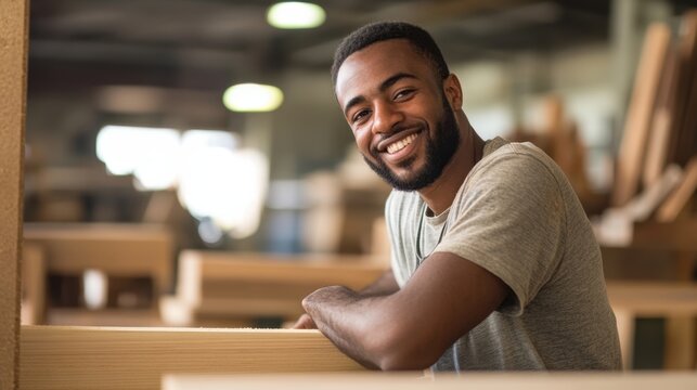 Smiling Carpenter at Work in Sunlit Woodshop