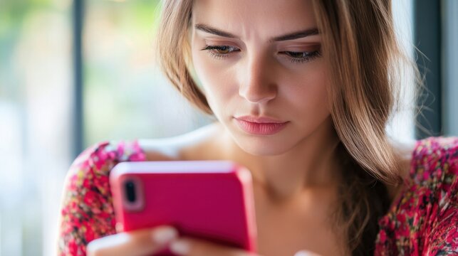 Young Woman Intently Scrolling Smartphone in Daylight