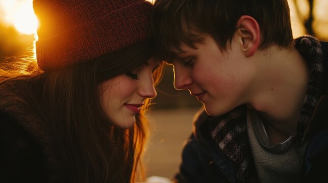 Intimate Sunset Moment Between Young Couple in Love