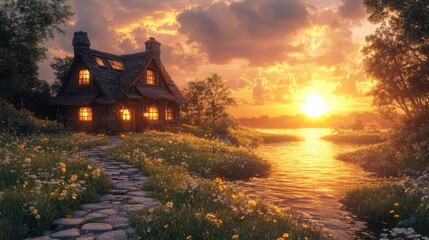 A serene sunset over a cottage by a river, surrounded by flowers.