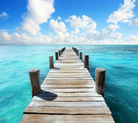 Obraz premium A breathtaking high-resolution photograph capturing the stunning turquoise waters and vibrant sky of the Caribbean Sea. The scene features a rustic wooden pier extending into the crystal-clear 
