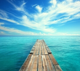 Obraz premium A breathtaking high-resolution photograph capturing the stunning turquoise waters and vibrant sky of the Caribbean Sea. The scene features a rustic wooden pier extending into the crystal-clear 