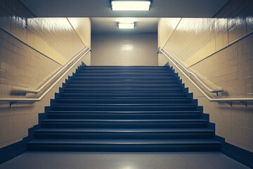 Fototapeta premium A well-lit empty school staircase with sturdy handrails and overhead lights, leading to a hallway, creating a quiet and structured atmosphere. 