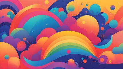 Colorful illustration with rainbow shapes on bright colorful background. Generative AI. Risograph style