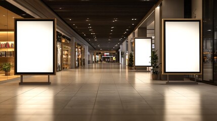 Modern Shopping Mall Interior with Blank Advertisement Boards and Illuminated Walkway