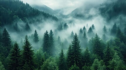 Fototapeta premium mystical mountain forest shrouded in morning mist ethereal atmosphere soft diffused light ancient trees serene landscape dreamlike quality