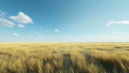 Obraz premium Golden grass field under a blue sky.