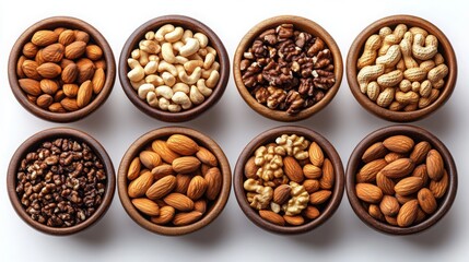 Variety of nuts in bowls, top view, isolated on transparent background.