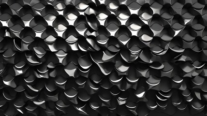 Fish Scale, 3D Mosaic Tiles arranged in the shape of a wall. Semigloss, Black, Blocks stacked to create a Futuristic block background. 3D Render