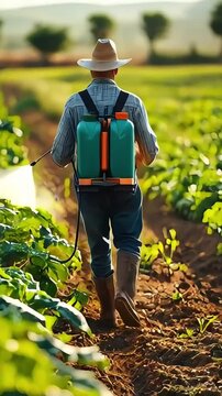 Farmer spraying pesticide on the vegetable garden. Agriculture and farming concept.