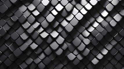 Fish Scale, 3D Mosaic Tiles arranged in the shape of a wall. Semigloss, Black, Blocks stacked to create a Futuristic block background. 3D Render