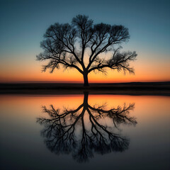 A Solitary Tree's Twilight Shadows: The Dance of Light and Dark in Serenity.