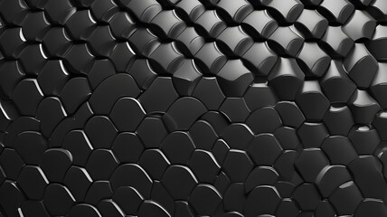 Fish Scale, 3D Mosaic Tiles arranged in the shape of a wall. Semigloss, Black, Blocks stacked to create a Futuristic block background. 3D Render