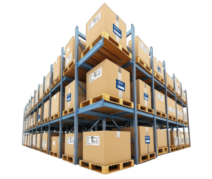 A large storage area filled with neatly stacked cardboard boxes on pallets, ready for shipment and distribution.