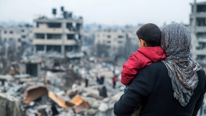 Mother and Child Looking Over War-Torn City Ruins - Symbol of Displacement and Resilience