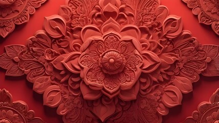 Red Surface with Extruded Ornamental Design. 3D Diwali Celebration Wallpaper