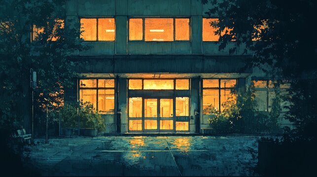 Watercolor hospital at night with warm lights glowing through windows.