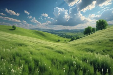 Obraz premium Rolling Hills with Wildflowers under Blue Sky