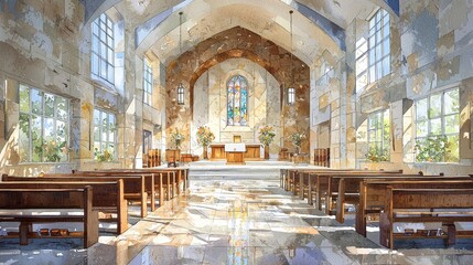 Watercolor hospital chapel with a peaceful atmosphere and soft lighting.